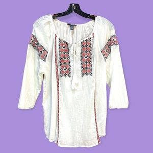 Embroidered Boho Tunic Flowy Top, Size Large